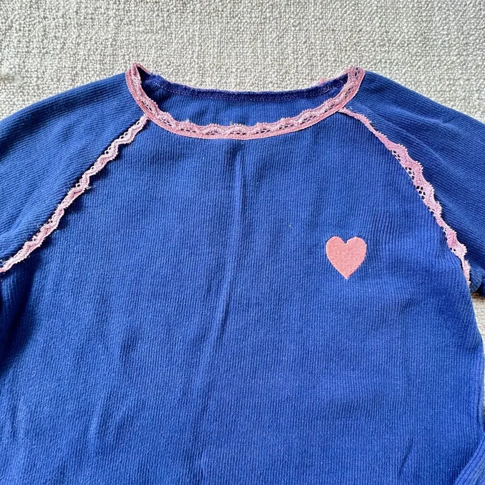 Alba of Denmark Blue Ribbed Lace Trimmed Heart Tee GUC 6/7